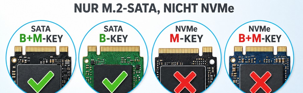 Kompatibilität: geeignet für M.2-SATA (B / B+M Key), nicht für M.2-NVMe