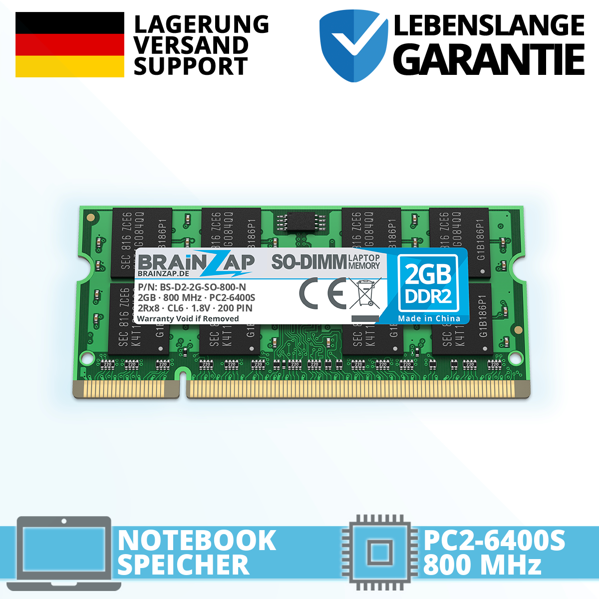 Recambio BRAINZAP Para Laptop Módulo De RAM DDR2 SO-DIMM 2 GB PC2-6400 800  MHz Para Portátil - 1.8V, CL6, Ideal Para Actualizaciones Repuesto Upgrade  Ordenador Antiguo